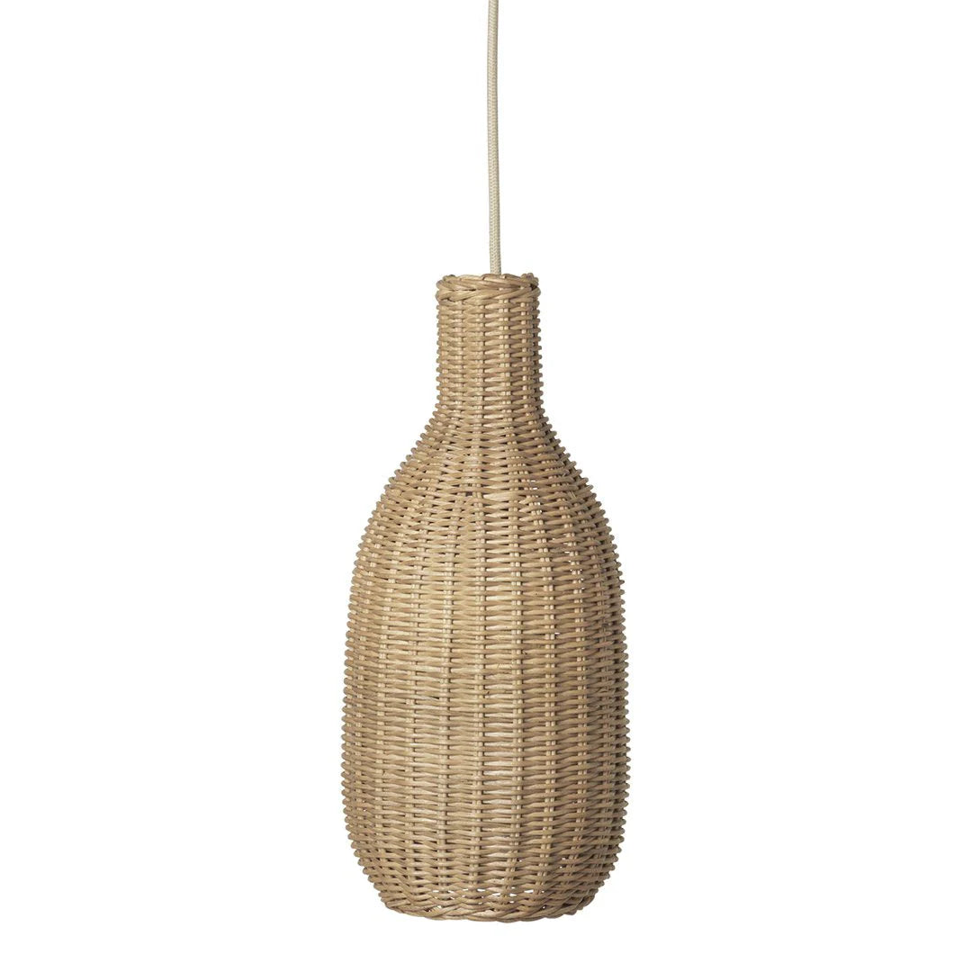 Woven rattan pendant light on a white background