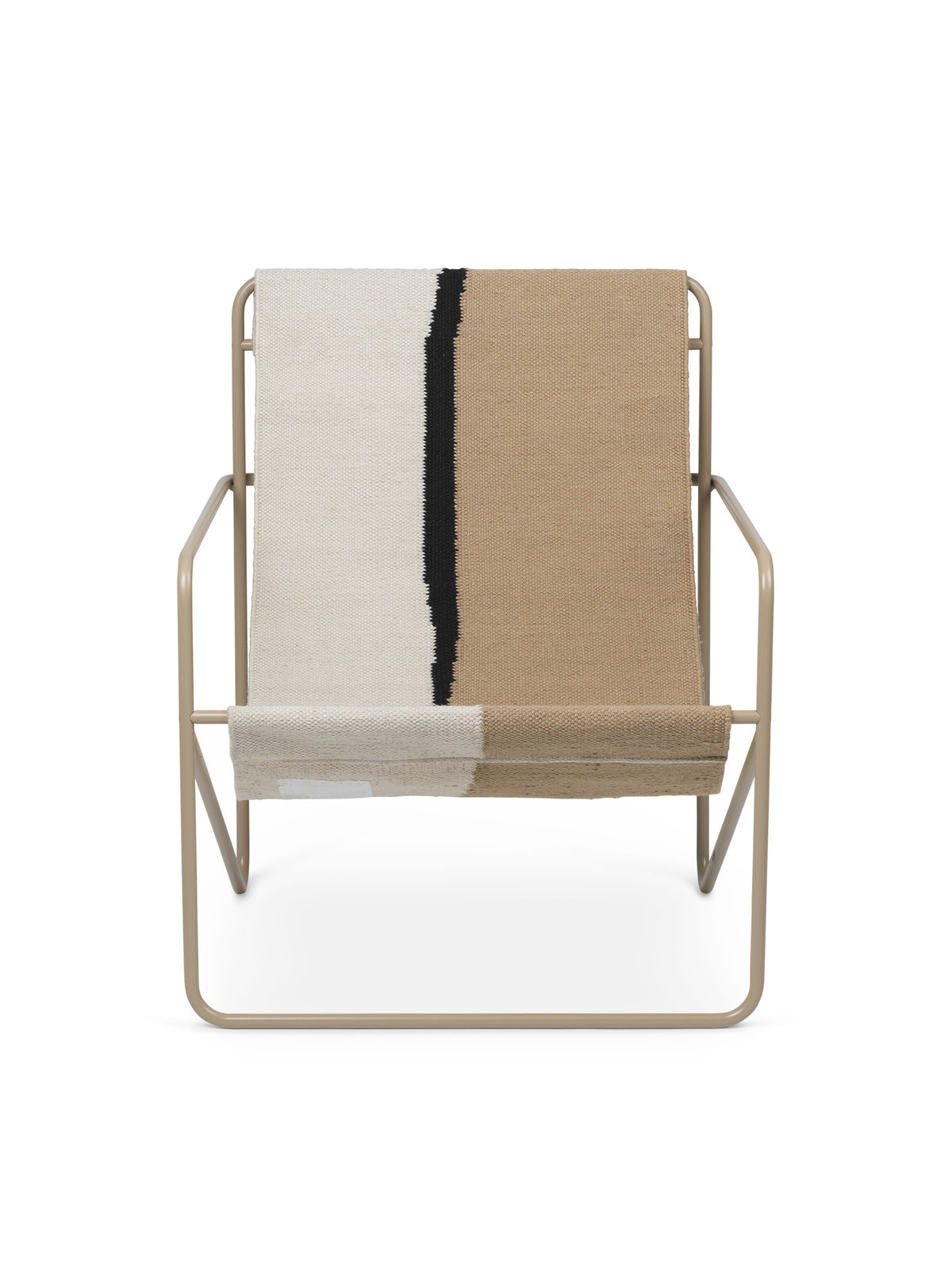 Modern dessert lounge chair with a patterned blanket draped over it on a white background