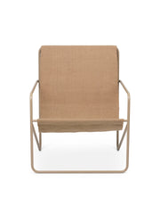 Beige dessert lounge chair with woven seat and backrest on a white background
