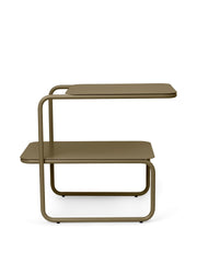 Two-tiered olive green side table on a white background
