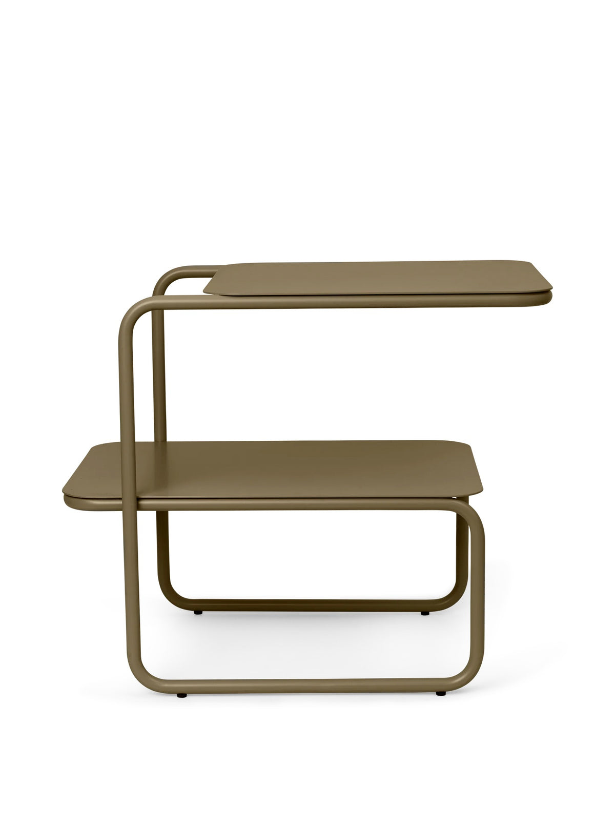 Two-tiered olive green side table on a white background