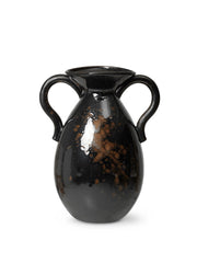 Black ceramic vase with brown speckles and handles on a white background