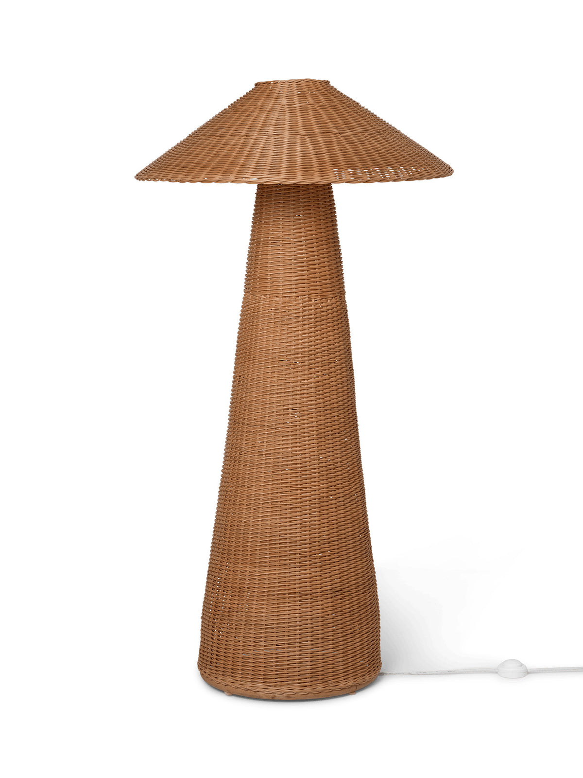 Wicker floor lamp with a cone-shaped shade on a white background