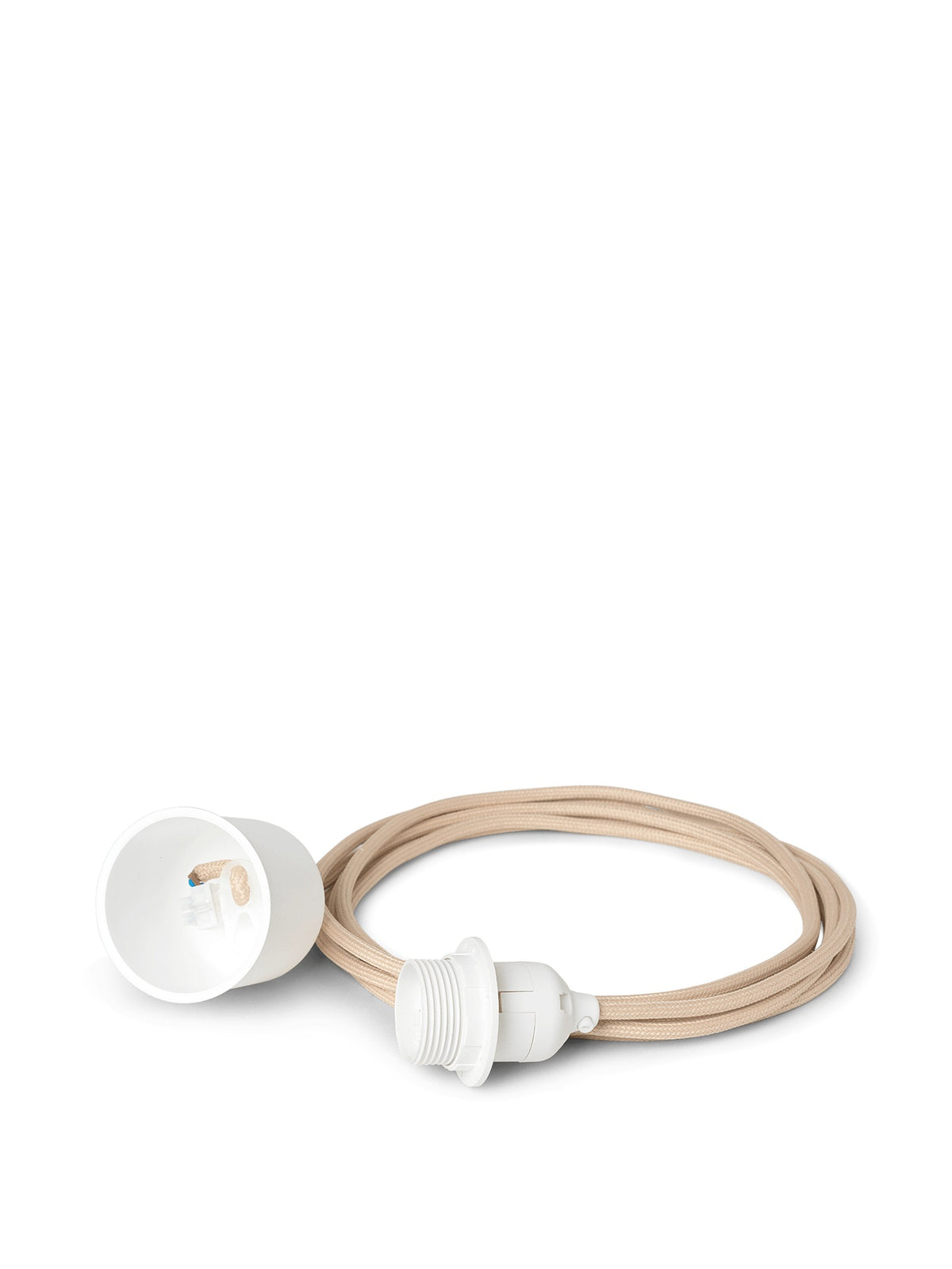 Two white lamp sockets with a beige cable on a white background