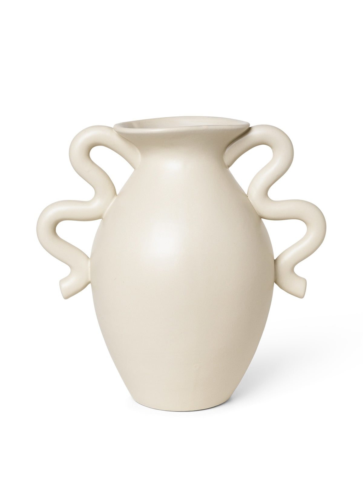 Beige ceramic vase with two handles on a white background