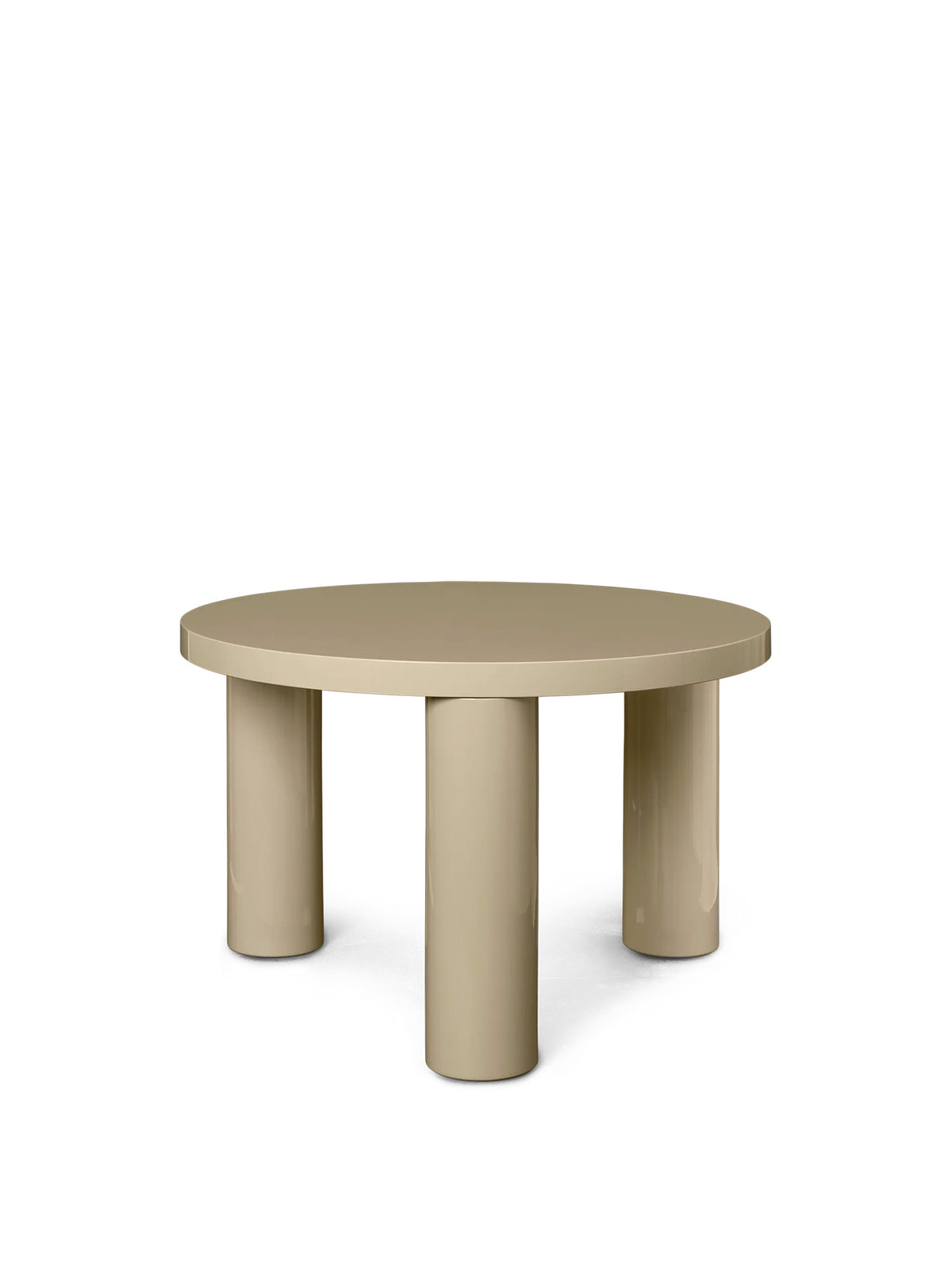 Beige round table with four legs on a white background