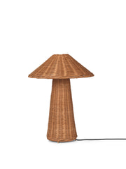 Wicker table lamp with a brown shade on a white background