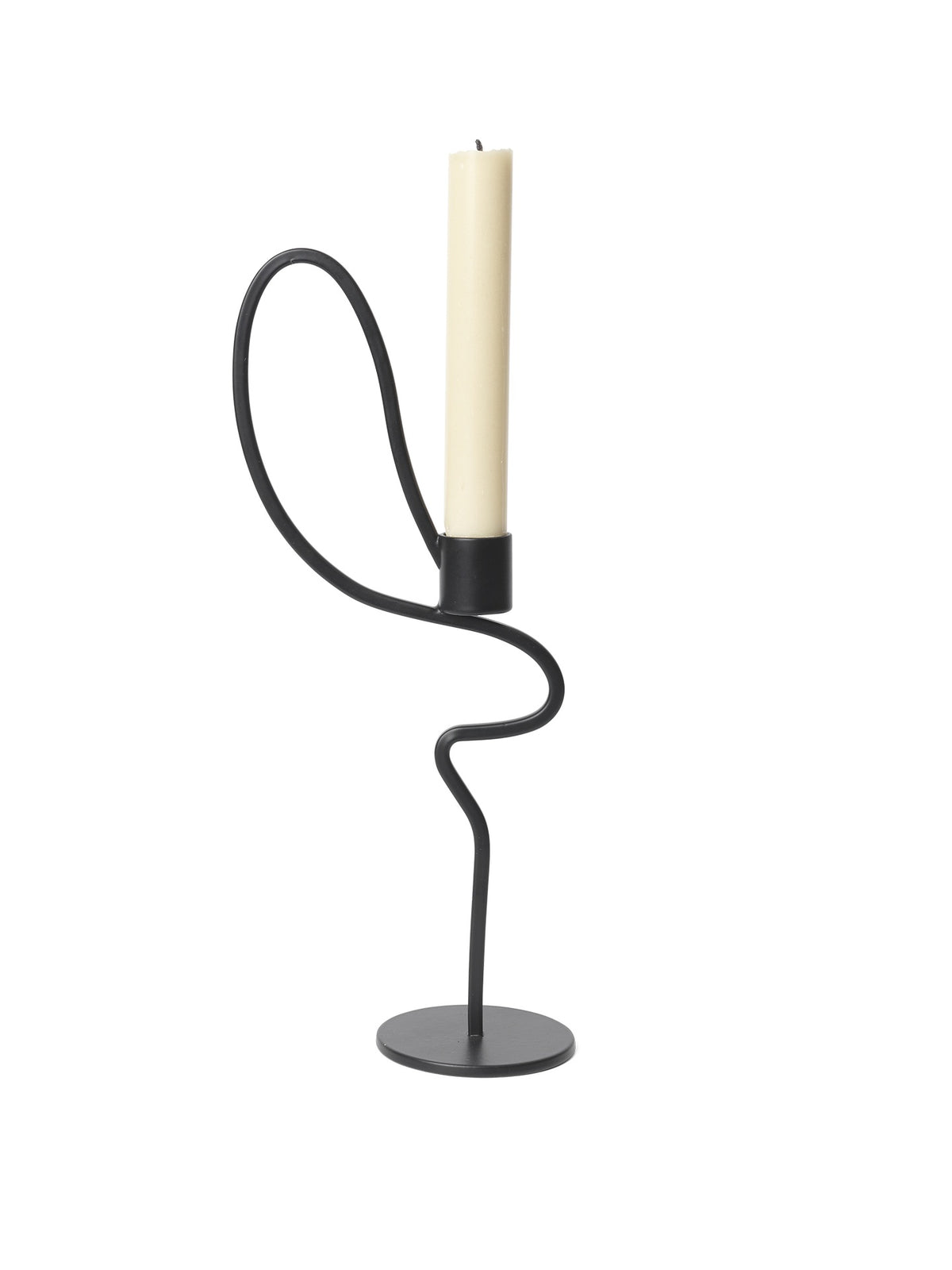 Black candle holder with a white candle on a white background