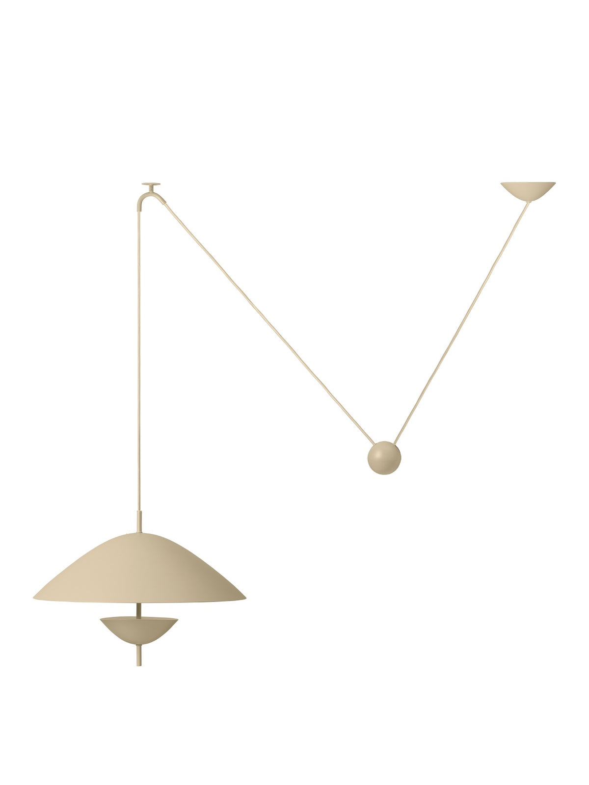 Beige pendant lamp with a spherical fixture on a white background