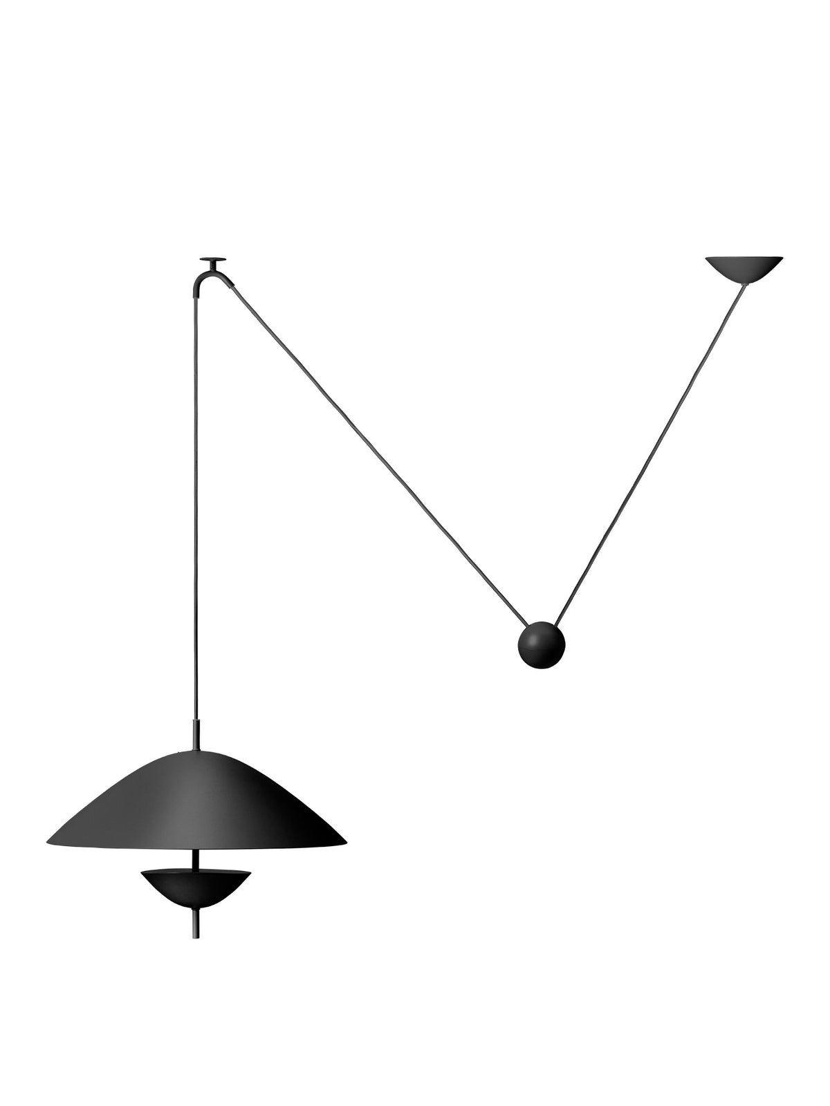 Black pendant lamp with adjustable arm on a white background