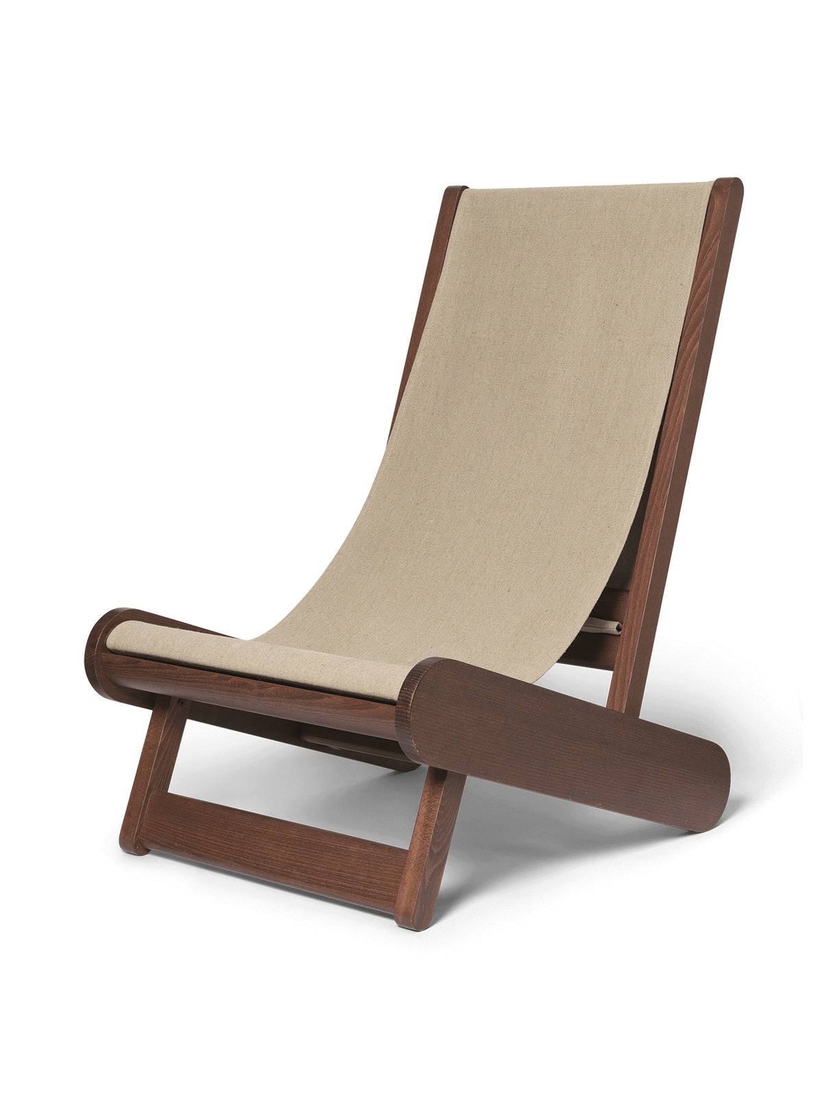 Wooden lounge chair with beige fabric on a white background