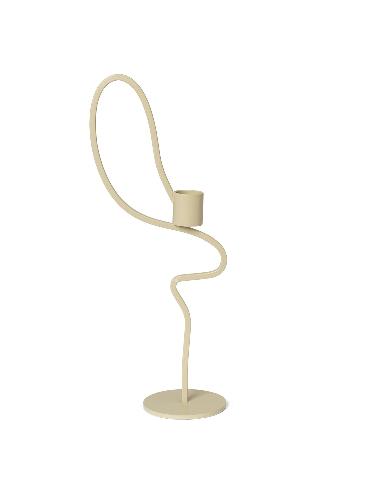 Beige candle holder with curved design on a white background