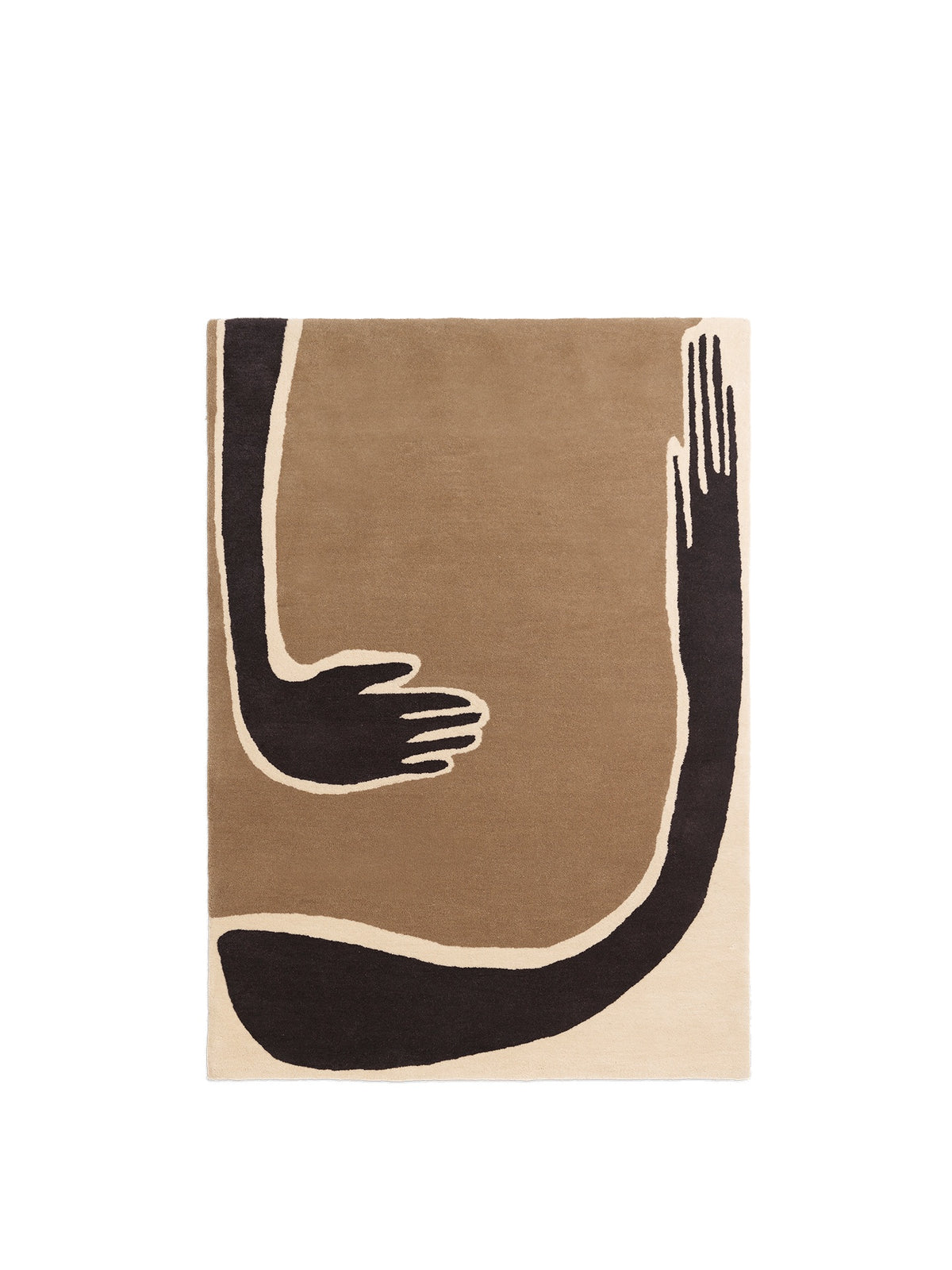 Abstract design rug with black hands on a brown and beige background