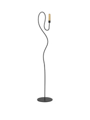 Modern floor tall candle holder with a black curved stand and gold lampshade on a white background