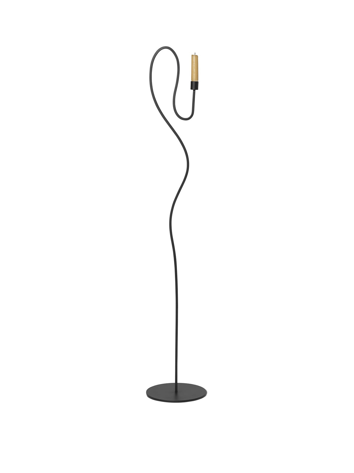 Modern floor tall candle holder with a black curved stand and gold lampshade on a white background