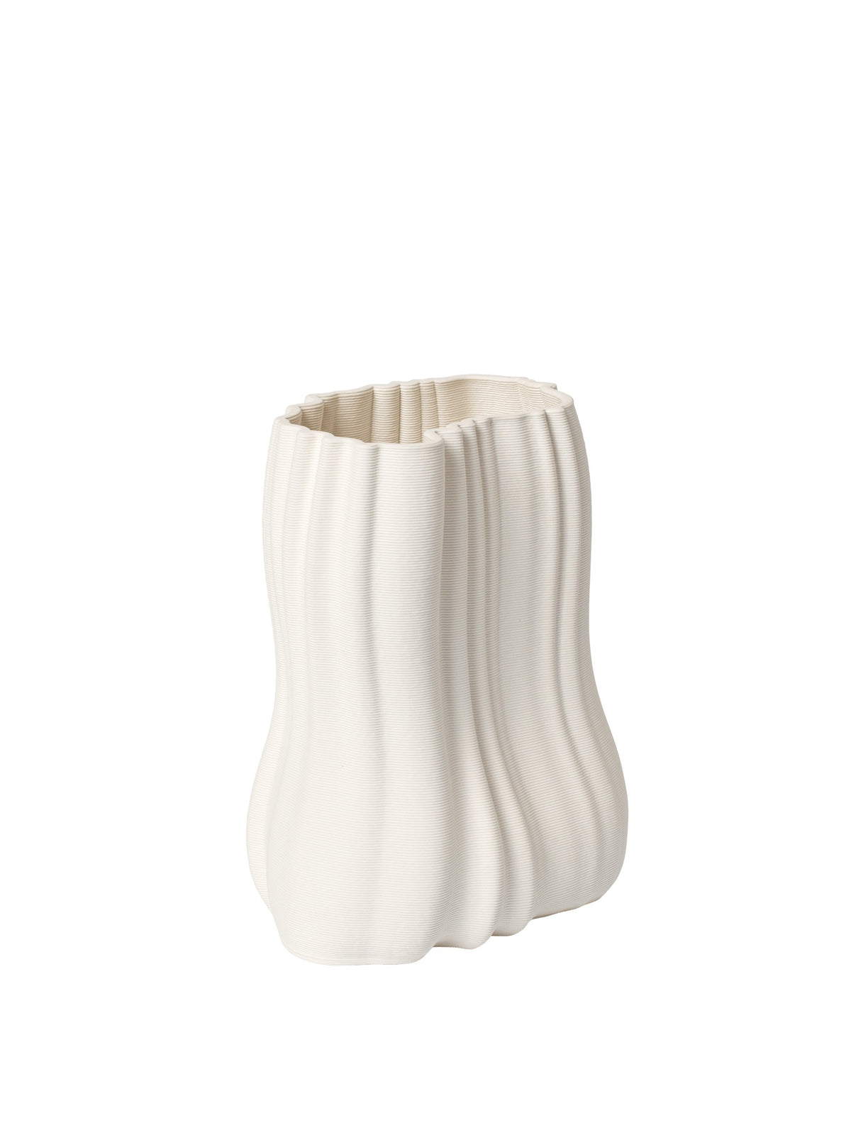 White ceramic vase with textured surface on a white background