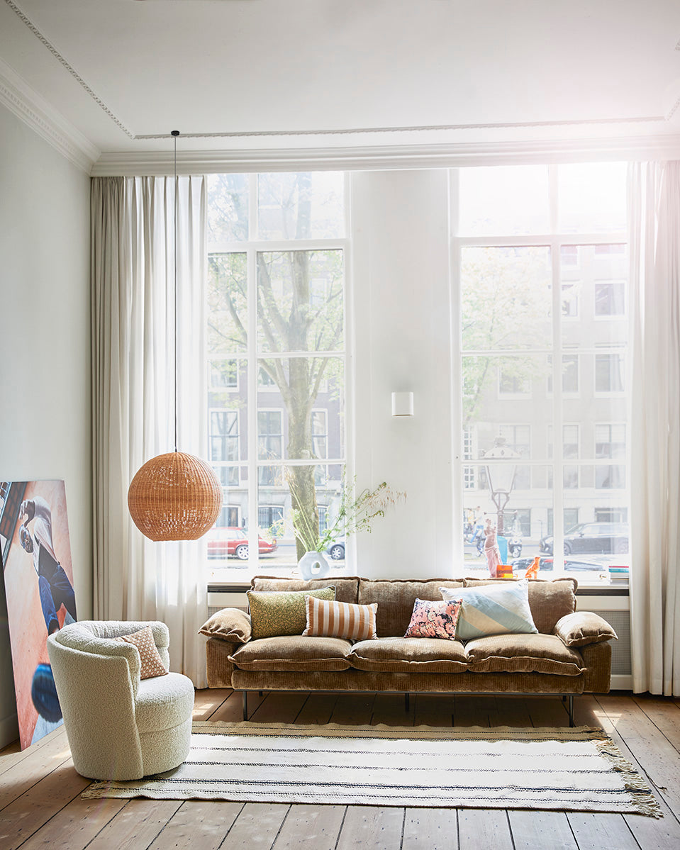 Retro sofa: 3-seats, corduroy velvet, aged gold