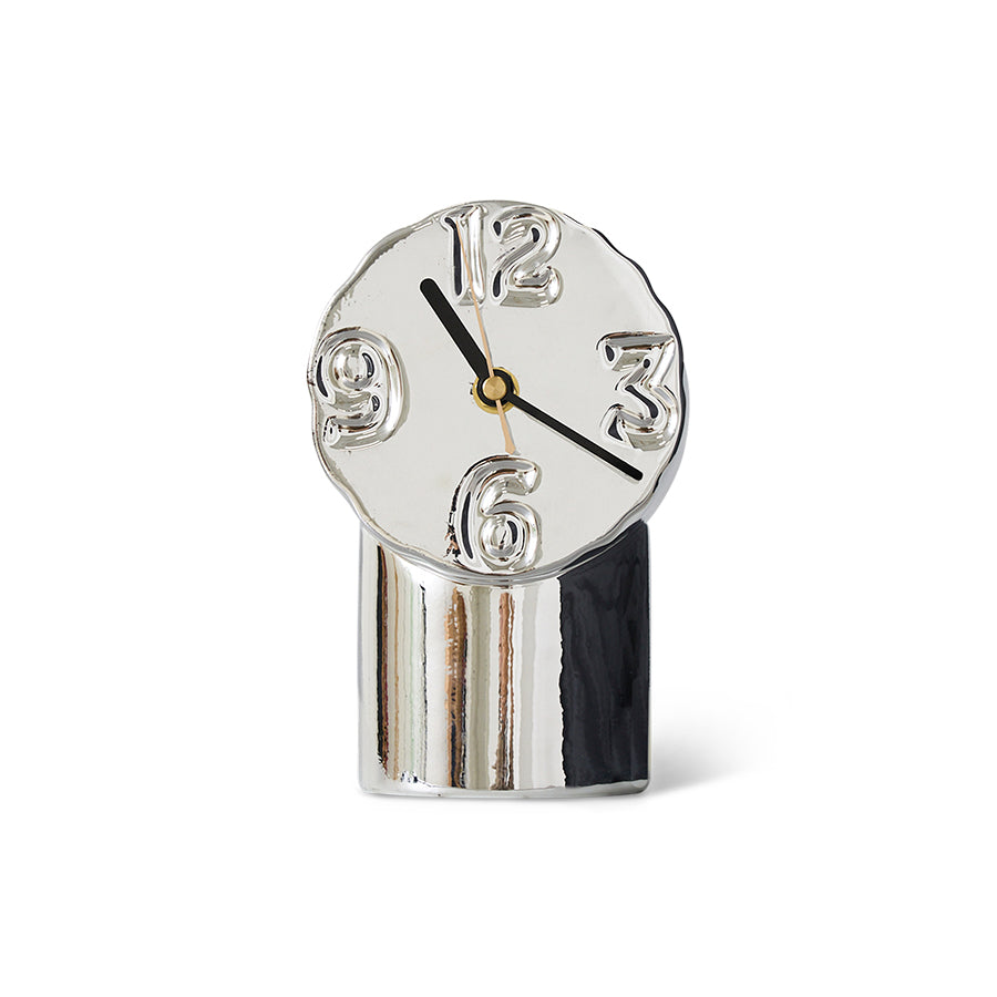 Silver retro clock with black hands on a white background