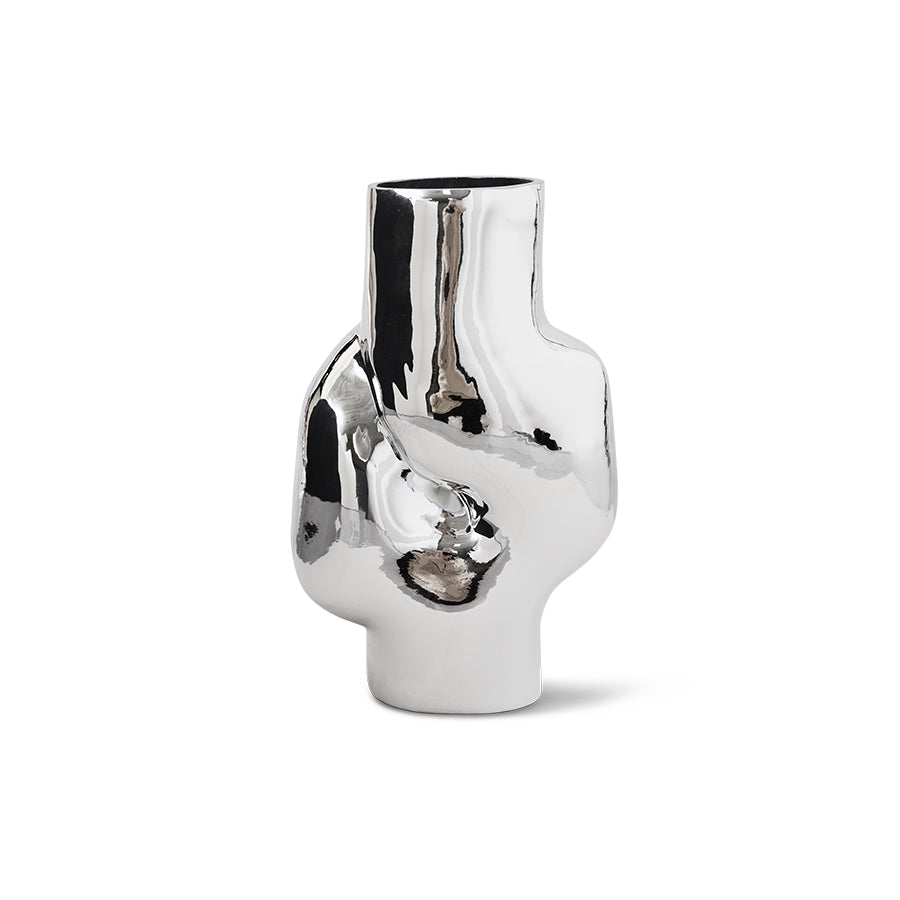 Silver vase with a unique design on a white background