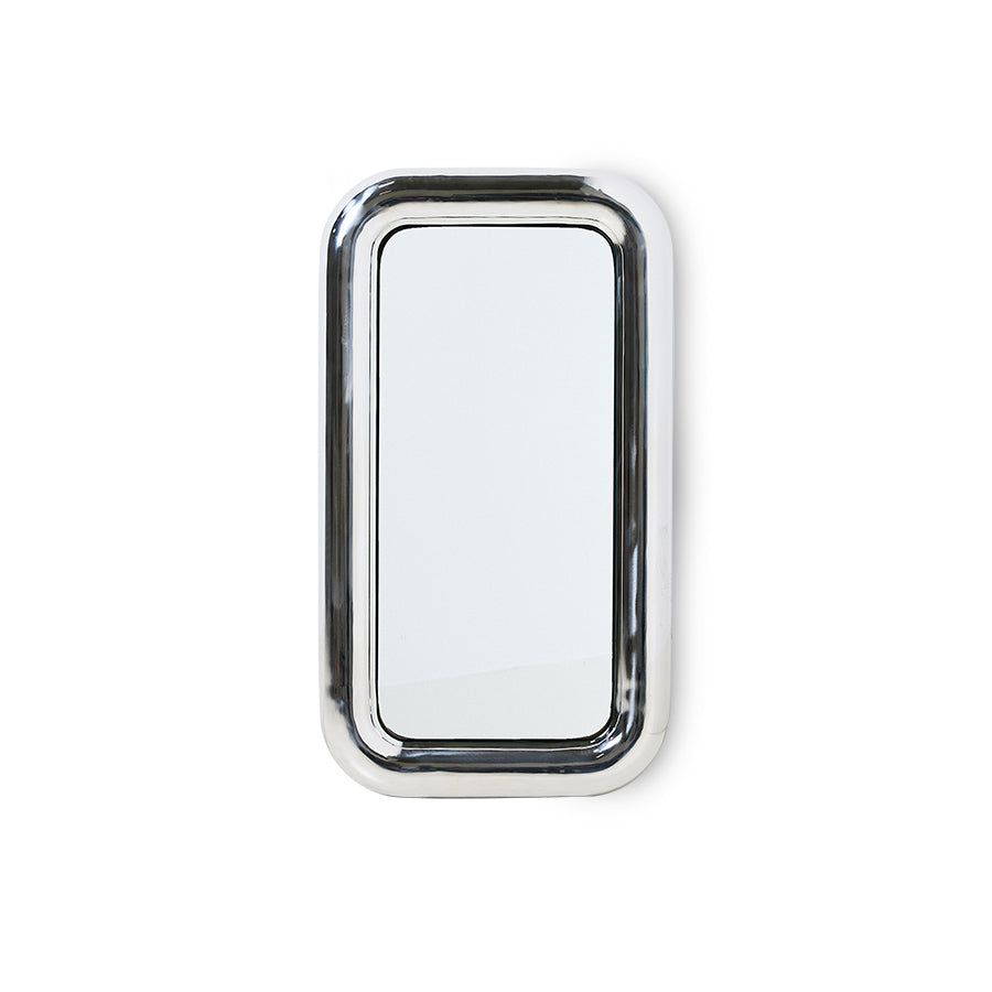 Rectangular mirror with a silver chrome frame on a white background