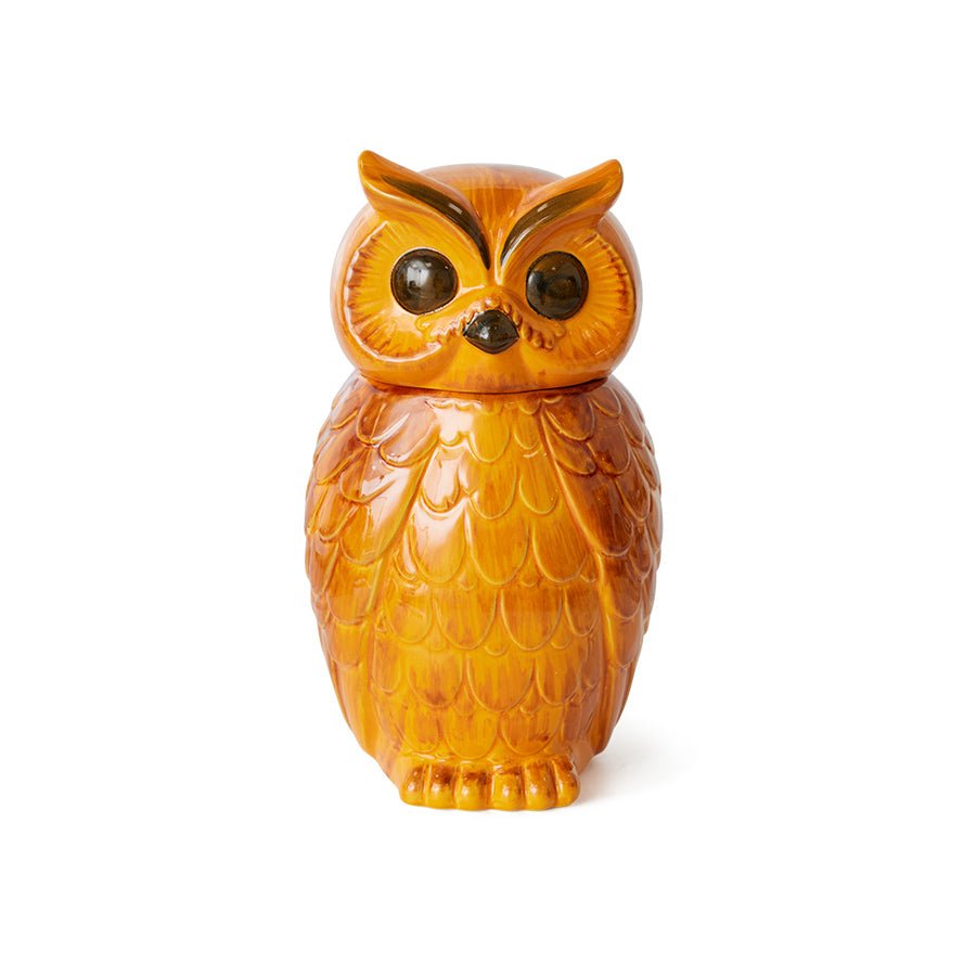 Orange owl-shaped cookie jar on a white background