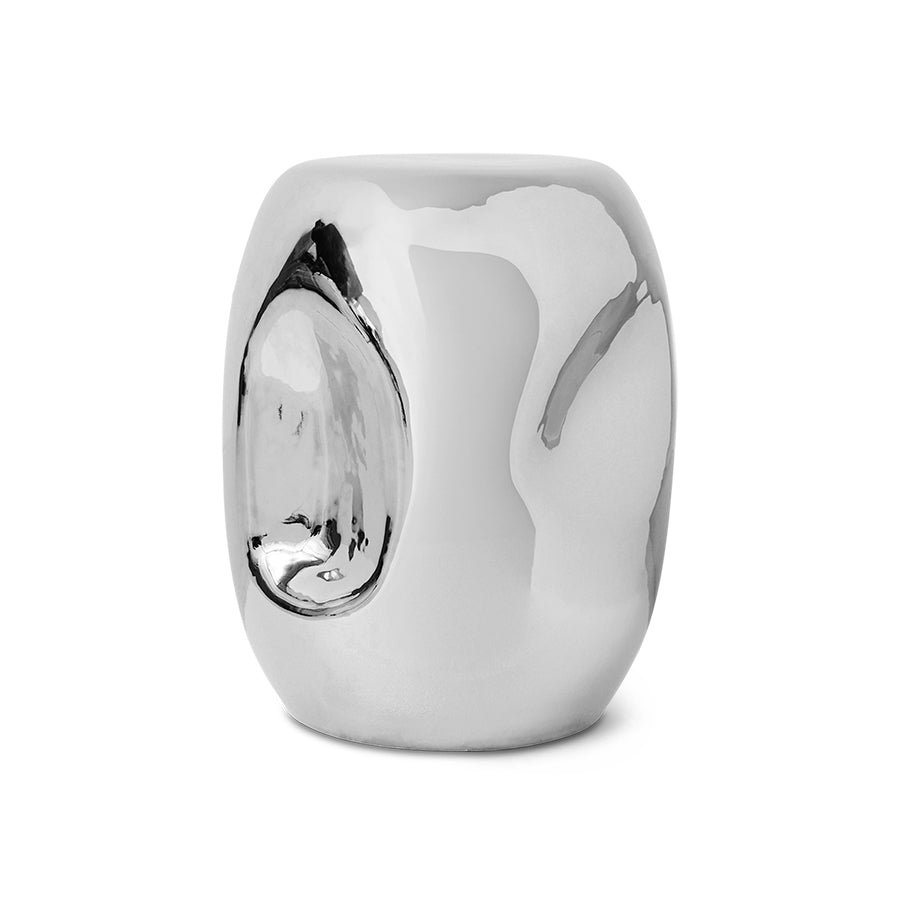 Silver cylindrical chrome coffee table on a white background