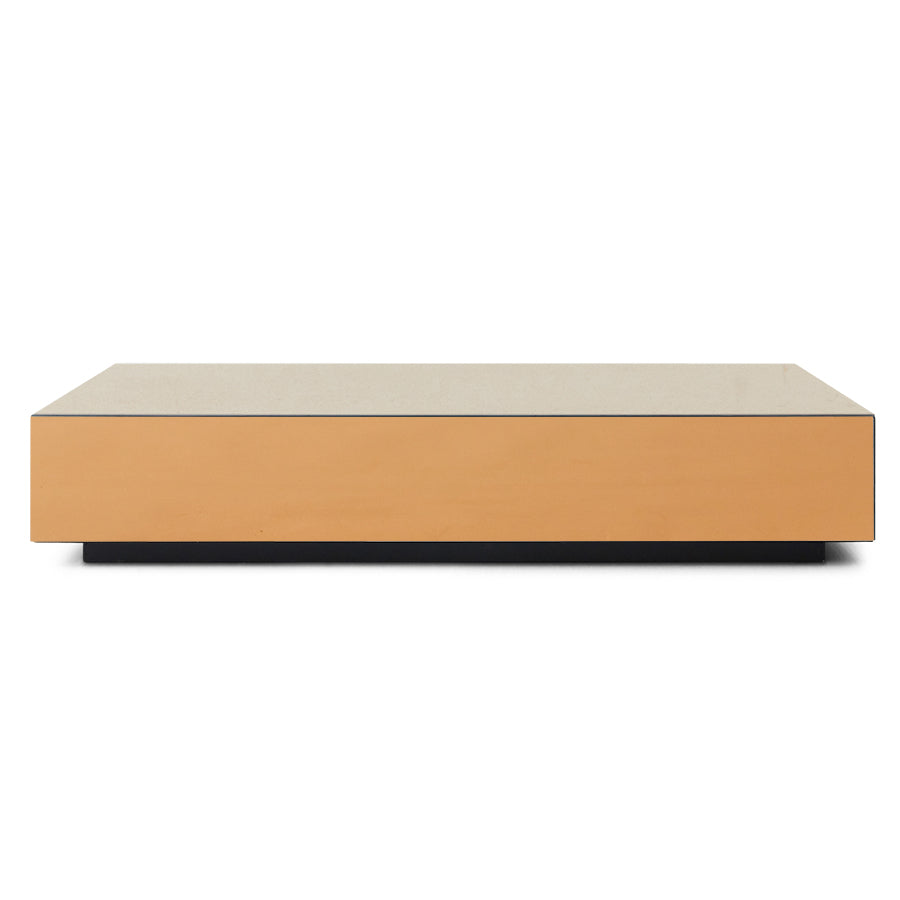 Rectangular coffee table with a light wood finish and gray top on a white background