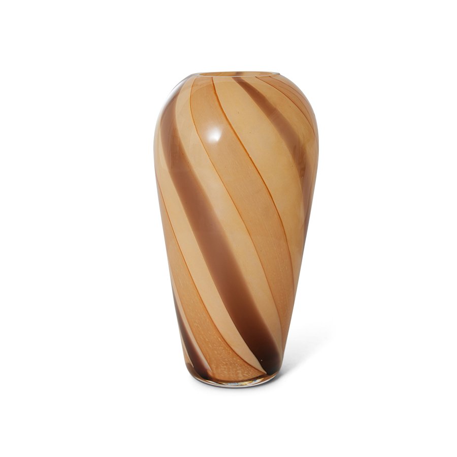 Decorative glass vase with brown and beige swirl pattern on a white background
