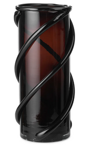 Black glass vase with twisted design on a white background