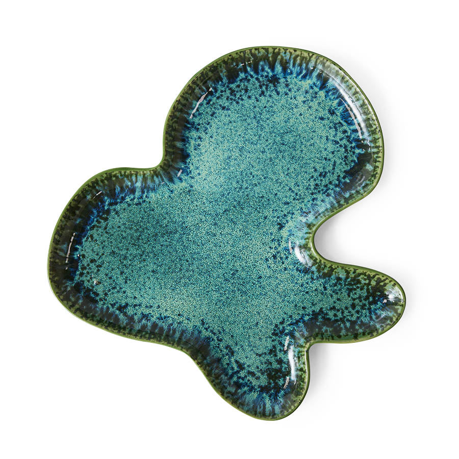 Teal ceramic dish plate with speckled texture on a white background