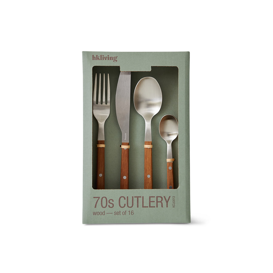 Packaged set of 70s cutlery with wooden handles on a white background