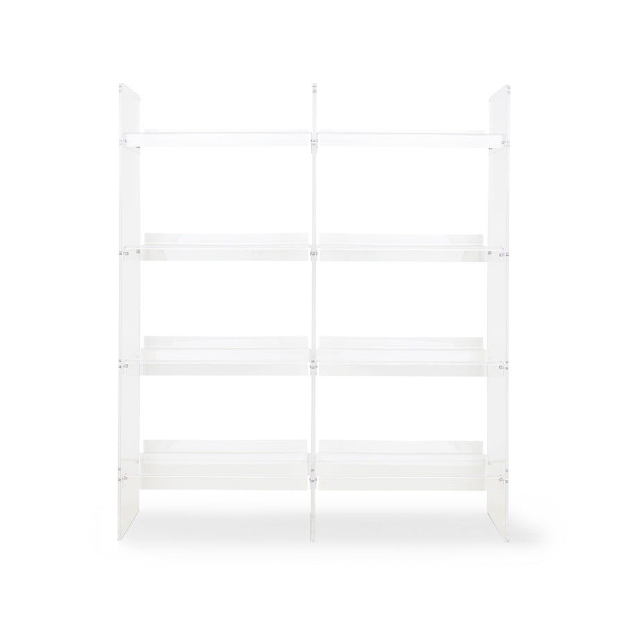 White acrylic bookshelf with multiple shelves on a white background