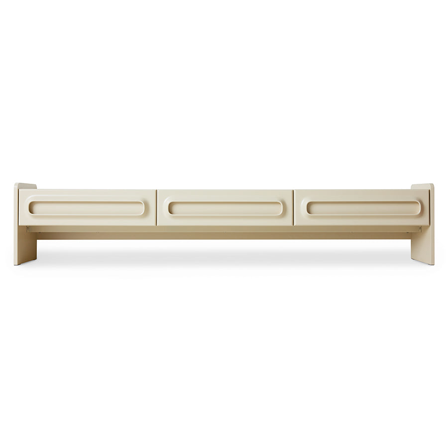 Beige wooden headboard with a minimalist design on a white background