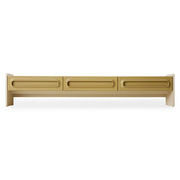Beige space low dresser headboard with three horizontal slots on a white background