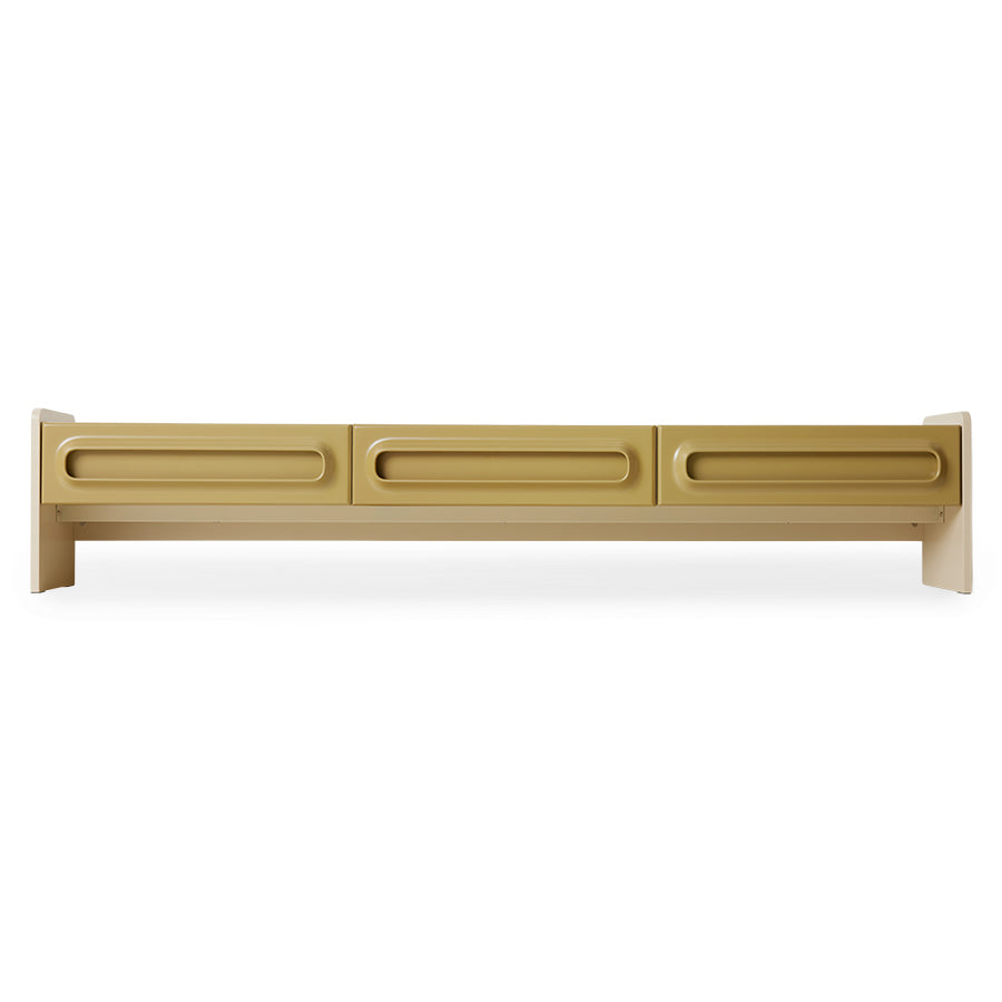 Beige space low dresser headboard with three horizontal slots on a white background