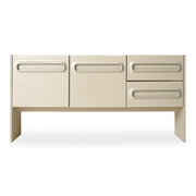 Beige space dresser headboard with multiple drawers on a white background