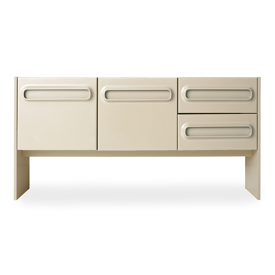 Beige space dresser headboard with multiple drawers on a white background