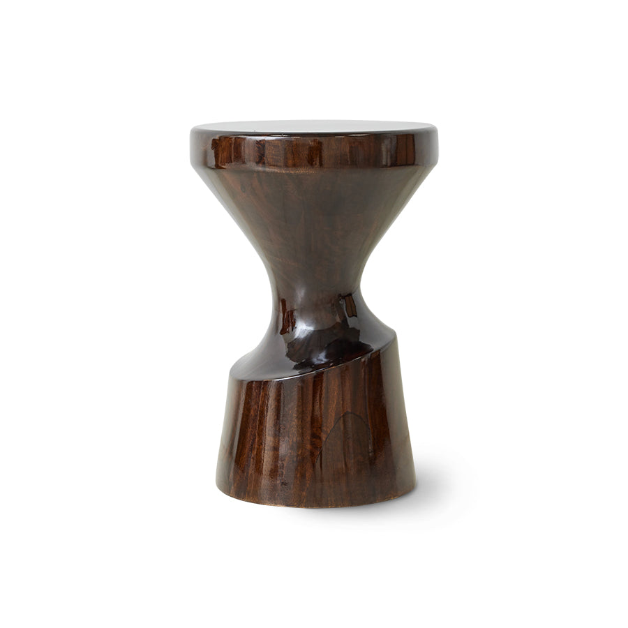 Wooden stool table with a cylindrical design on a white background