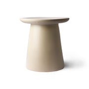 Beige stoneware side table with a round top on a white background