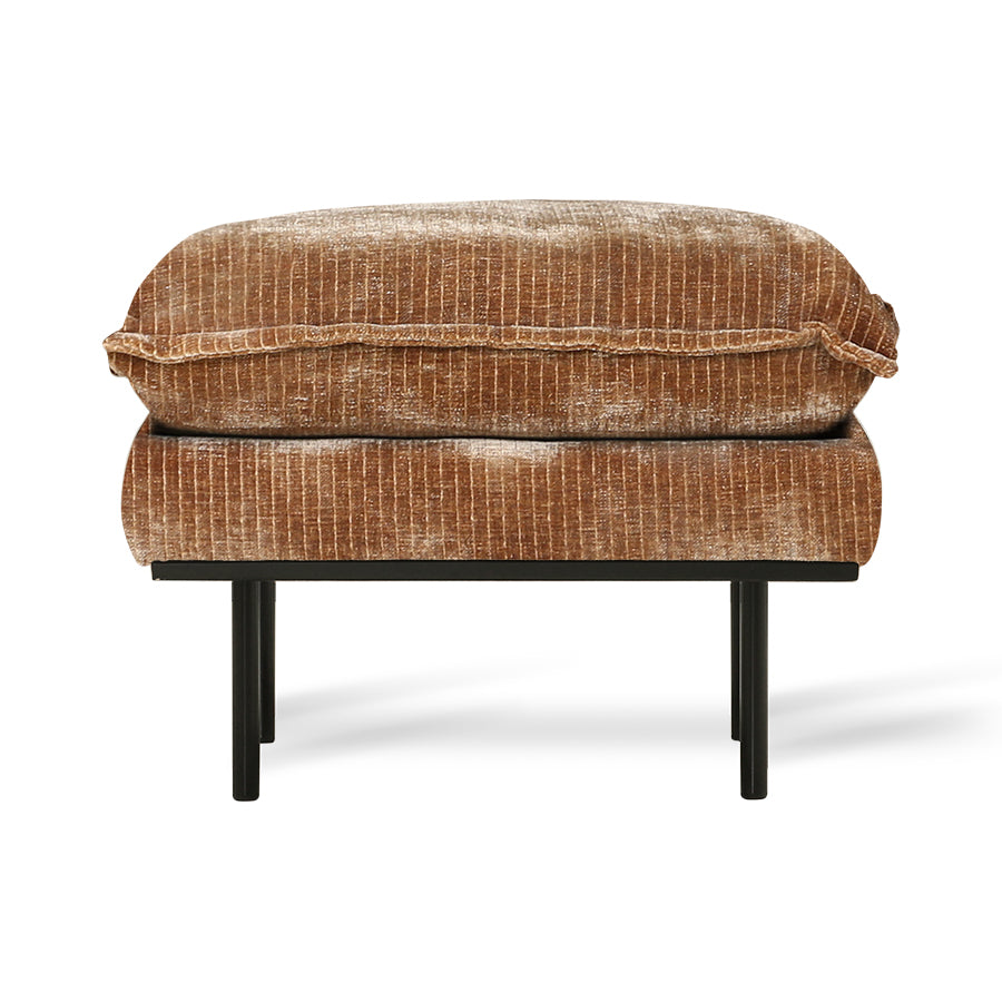 Brown textured retro ottoman with black legs on a white background