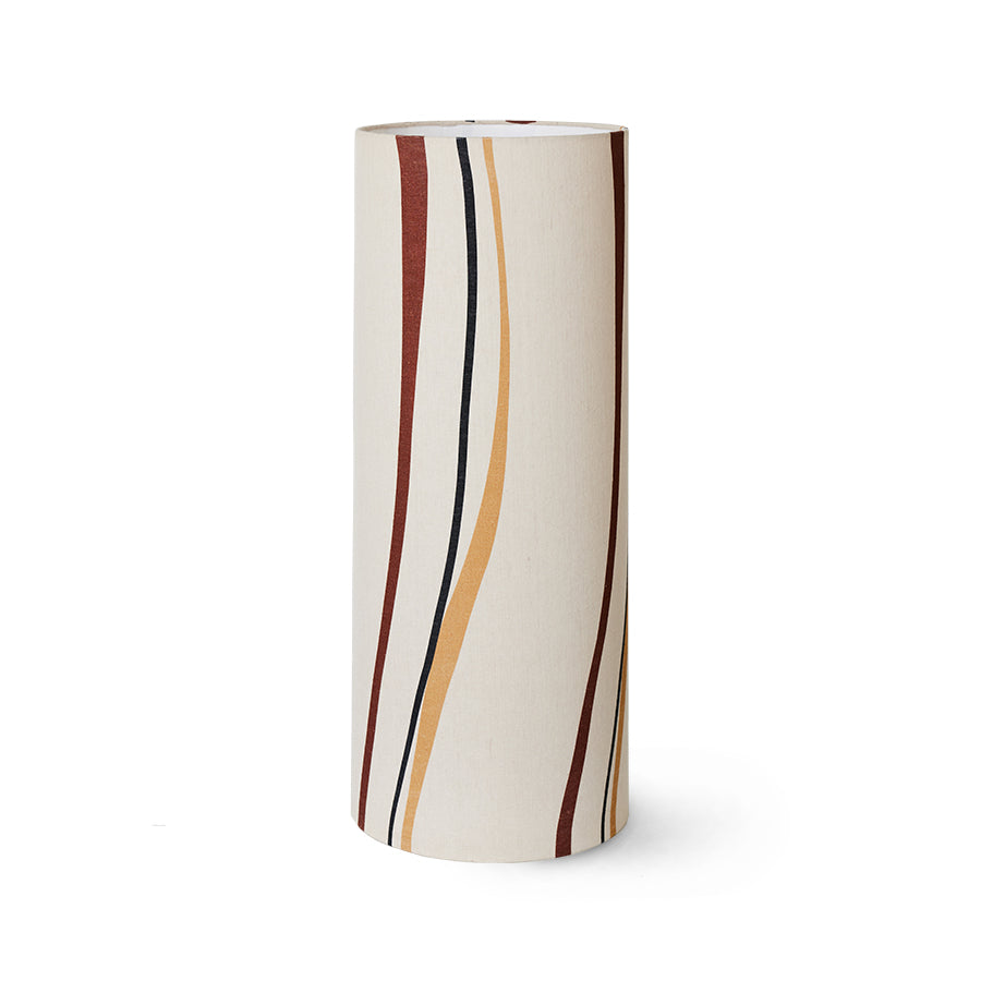 Cylindrical vase with wavy brown, black, and beige stripes on a white background