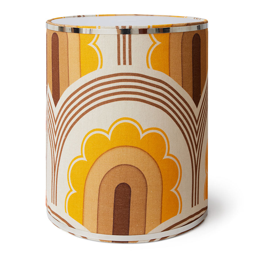 Decorative cylindrical lamp shade with a geometric pattern on a white background