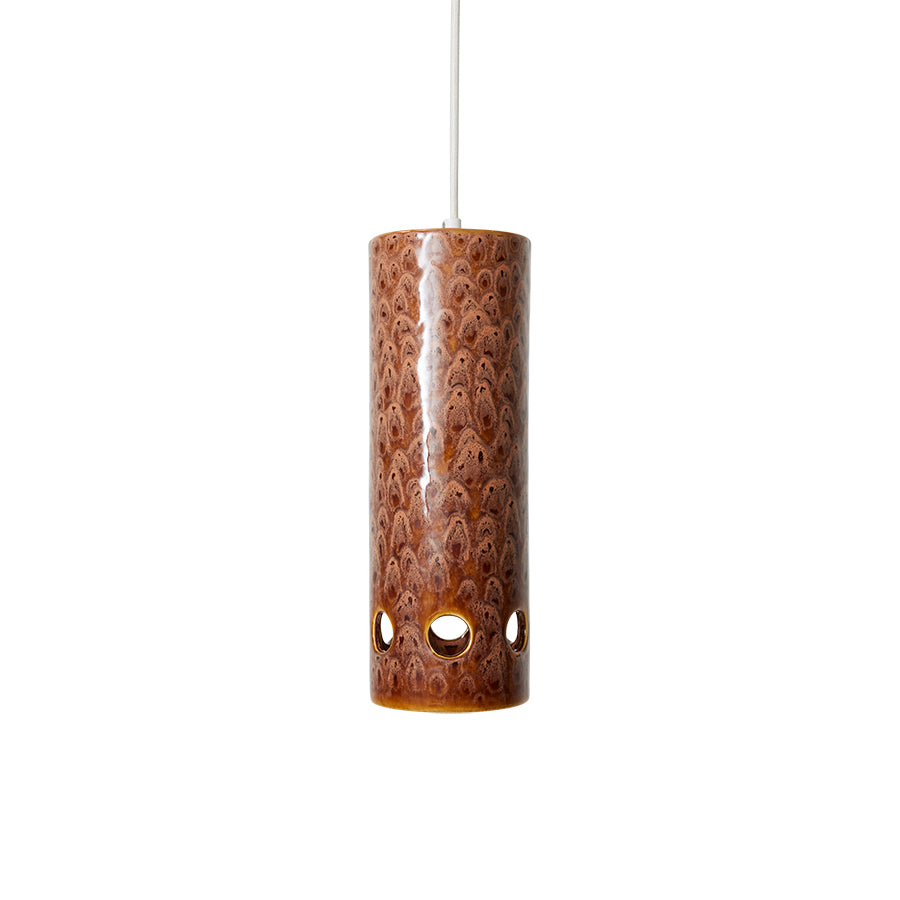 Cylindrical pendant light with textured brown design on a white background