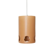 Brown cylindrical hanging lamp ceramic with holes on a white background