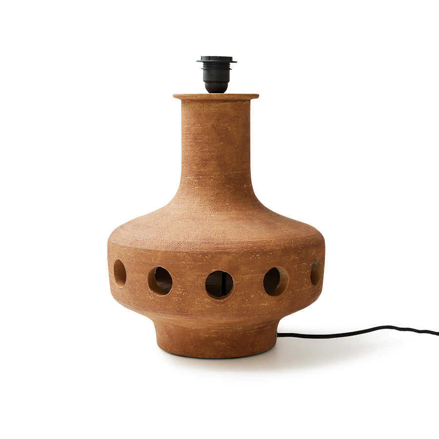 Brown ceramic table lamp base with black base on a white background