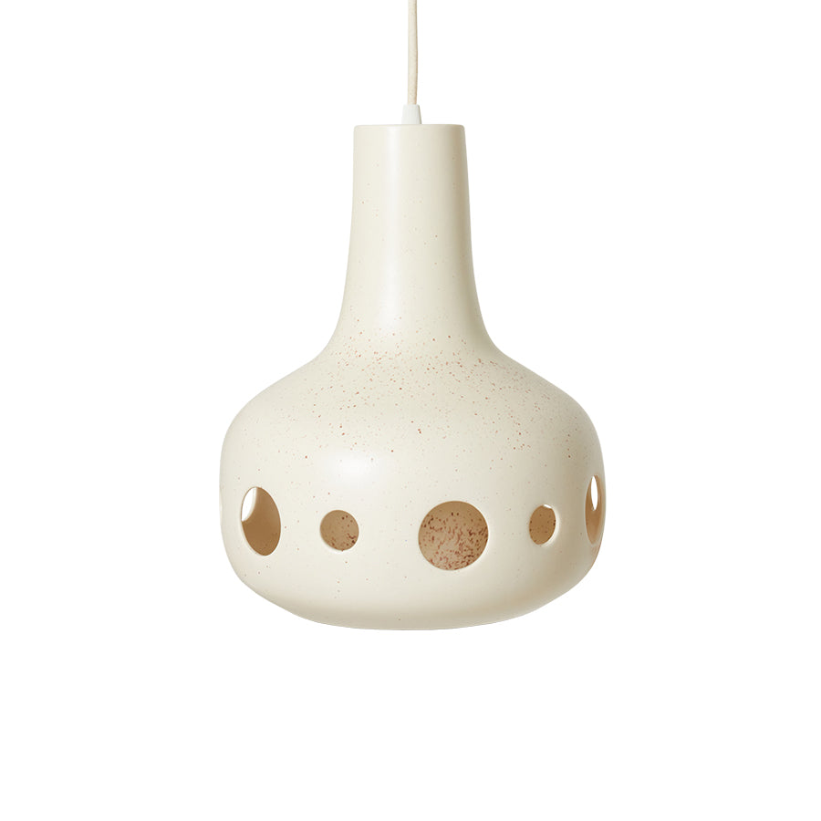 White ceramic pendant lamp with circular cutouts on a white background